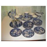 VINTAGE WILLOW PATTERN PLATES AND CUPS