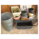 FLOWER POTS AND GALVANIZED GARBAGE CAN