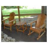 WOODEN PATIO ROCKER - CHAIR & TABLE W/ CUSHIONS