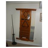 POOL CUE RACK W/ CUES & ACCESSORIES
