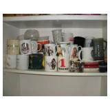 MUGS, GLASS, COLLECTOR PLATES, CONTENTS OF SHELF