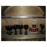 VINTAGE STEMWARE WITH DECANTER AND SHOT GLASSES --