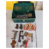Small green lock box, 13" x 6" x 5", and assorted