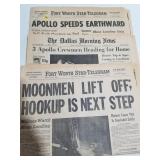 Three newspapers detailing the 1969 moon landing