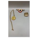 Lot of 3 assorted items. 1987 flight pin, buckle