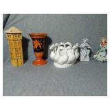 5 Assorted Decorative Ceramic items. Orange vase