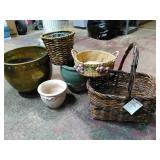 Basket & Planter lot. Large Brass planter, green