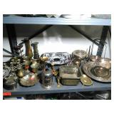 Shelf lot of assorted items. Some Brass, silver