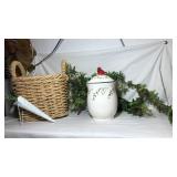Wicker basket with cookie jar. Strand of ivy, and