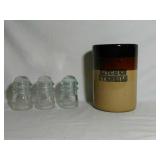 Mixed lot. 3 Vintage Glass Chargers, and crock
