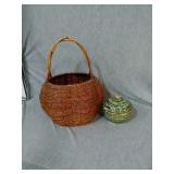 Large heavy wicker basket and clay bean Dish.