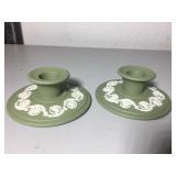 Pair of Wedgwood green and white candle holders