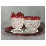 Crimped Cranberry/Clear glass creamer and sugar