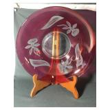 1930s Cranberry Flashed Glass Bowl with etched