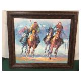 Horse Racing oil on canvas framed painting