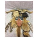 Native American wall art mask with horns, fur,