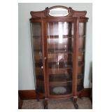 Antique Oak Curved Glass Curio Cabinet
