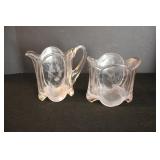 Glass Daisy Pattern Etched Pitcher & Spooner