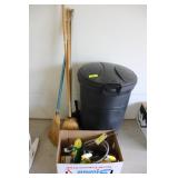 Trash Can w/Lid, Brooms, & Cleaners