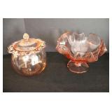 7"Pink Glass Footed Bowl & 7" Biscuit Jar