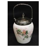 Hand painted Milk glass Biscuit Jar