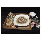Fox Figurines, Plate, & Old Flatware