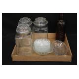 Canister, Berry Dishes & Amber Bottle
