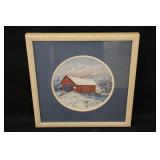 Lois Leu Framed Covered Red Bridge Crossing