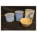 Salt Crocks & Blue Band Mixing Bowl
