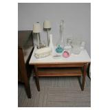 Wood Side Table & Glassware