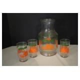 Anchor Hocking Orange Juice Glass Carafe & 3
