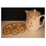 Hall Jewel Tea Autumn Leaf Trivet; 3 Coasters &