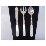 Mother of pearl, sterling banded serving set