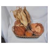Pumpkin & Corn Fall Decor in metal basket