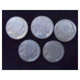 Lot of 5, Buffalo nickels