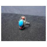 Mexico silver ring with tuquise and coral