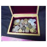 box of foreign coins & tokens
