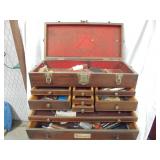 Vintage wood Starrett tool box w/misc tools
