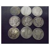 Lot of 9 Mercury dimes