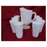 Milk Glass Pitcher with 8 matching glasses