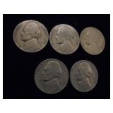 Lot of 5 Jefferson Nickels
