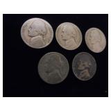 Lot of 5 Jefferson Nickels