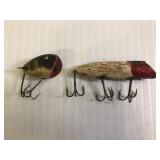 2 old wooden lures w/ glass eyes Heddon & Dingbat