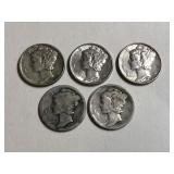 Lot of 5 Silver Mercury Dimes