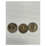3 Mercury Dimes 1919 and two 1925