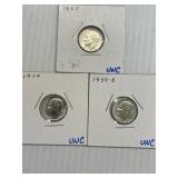 1957, 1959, 1959-D Roosevelt Dimes BU x3
