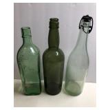 3 Vintage Green Glass Bottles