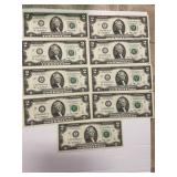 Lot of 9 Consecutive $2 Bill
