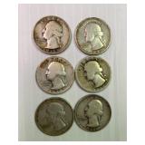 6 Silver Quarters 1932,34,34d,35,35d,35s