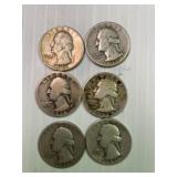 6 Silver Quarters 1936,36d,36s,37,37d,37s